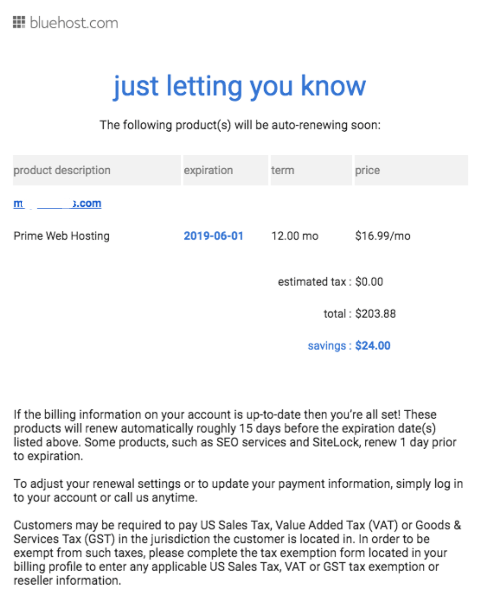 Screenshot of a notice informing of Bluehost renewal and its cost