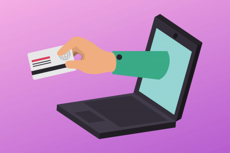 Graphic showing a black laptop with a hand extending a credit card to illustrate an article about prepaying hosting plans. The background of the image is a purple gradient