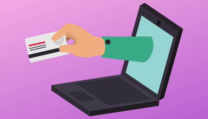 Graphic showing a black laptop with a hand extending a credit card to illustrate an article about prepaying hosting plans. The background of the image is a purple gradient